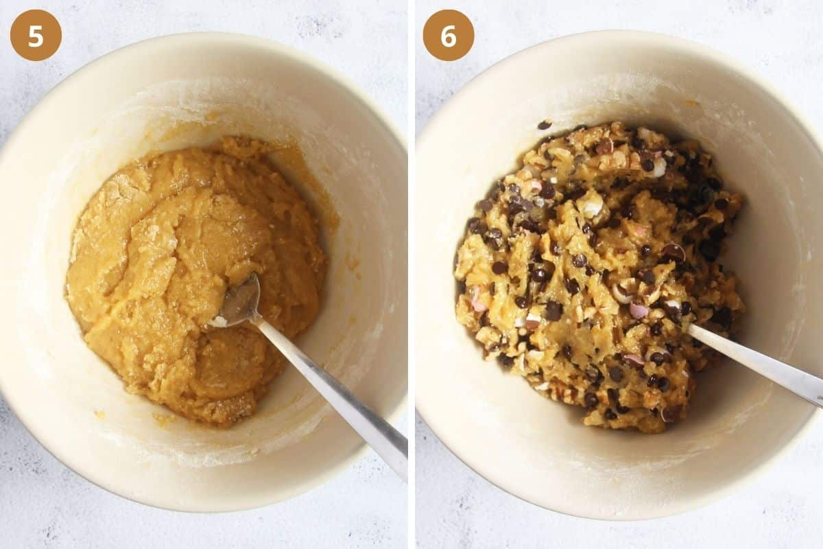 collage of two pictures of cookie bar batter with chocolate pieces.