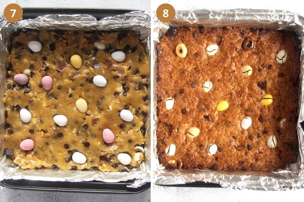 collage of two pictures of unbaked and then baked cookie bars with mini eggs.