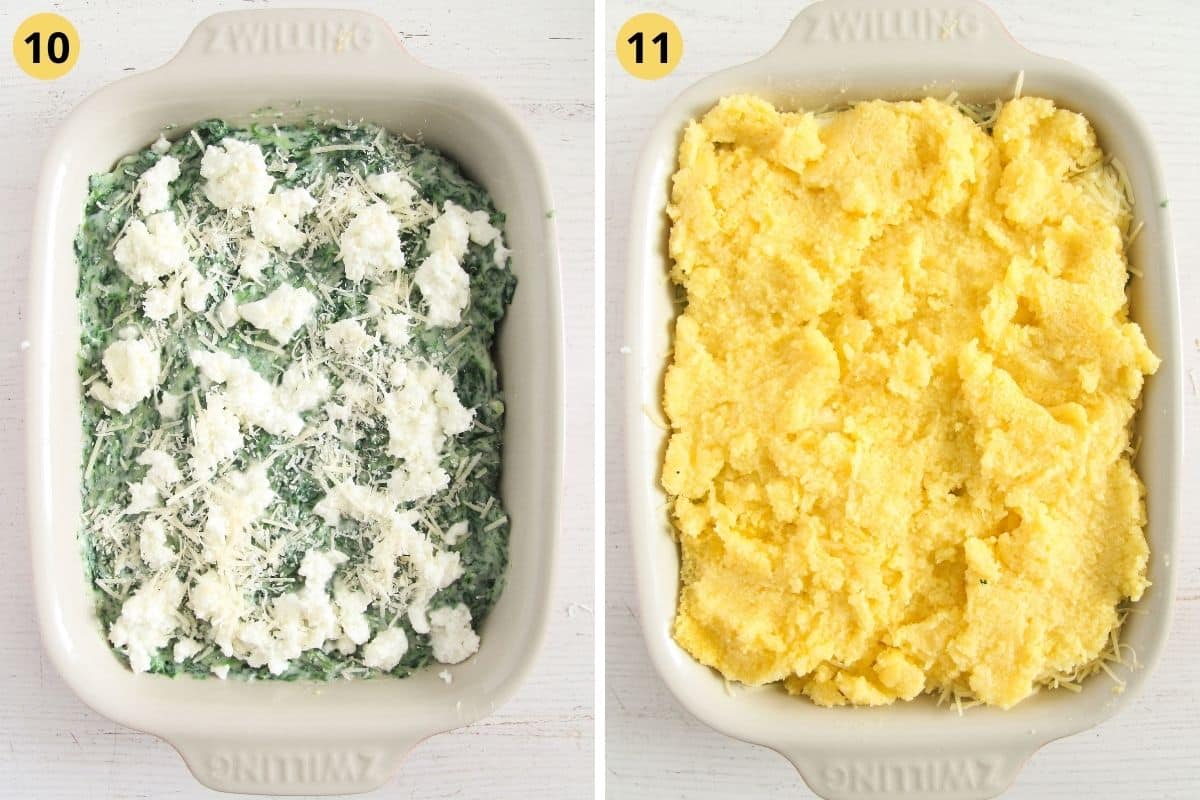 collage of two pictures of layering polenta, spinach and cheese in a baking dish.