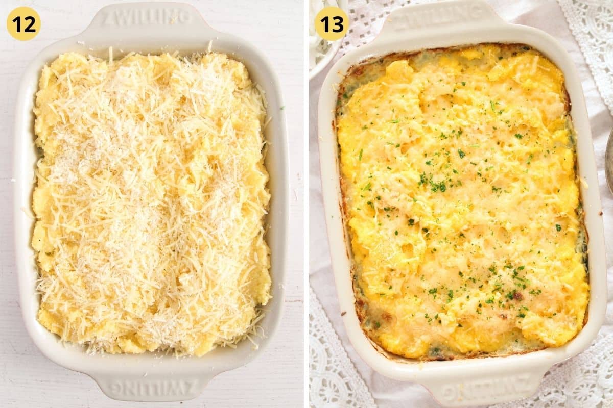 collage of two pictures of cornmeal bake before and after cooking.