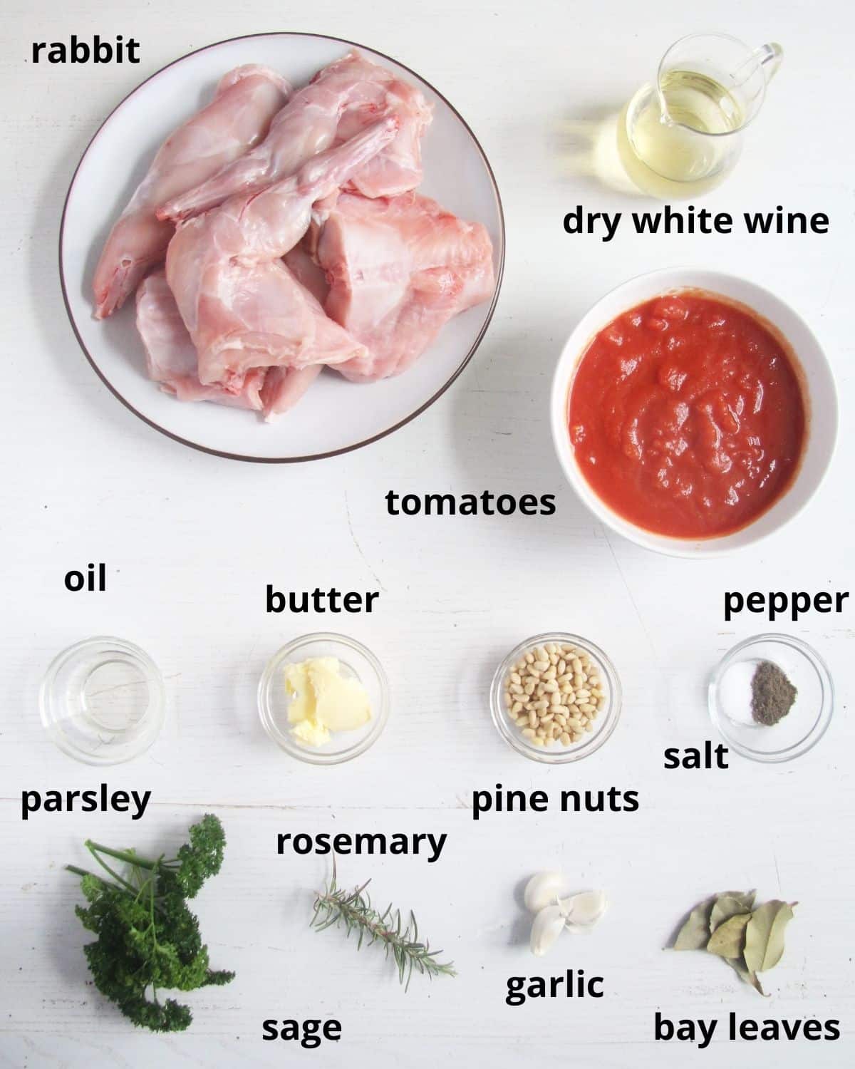listed ingredients for making stew with rabbit, tomatoes and wine.