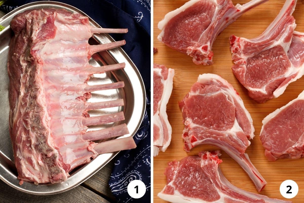 collage of two pictures of whole rack of lamb and then individual chops.