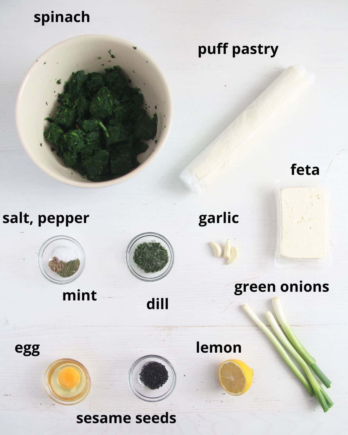 listed ingredients for making spanakopita on the table.
