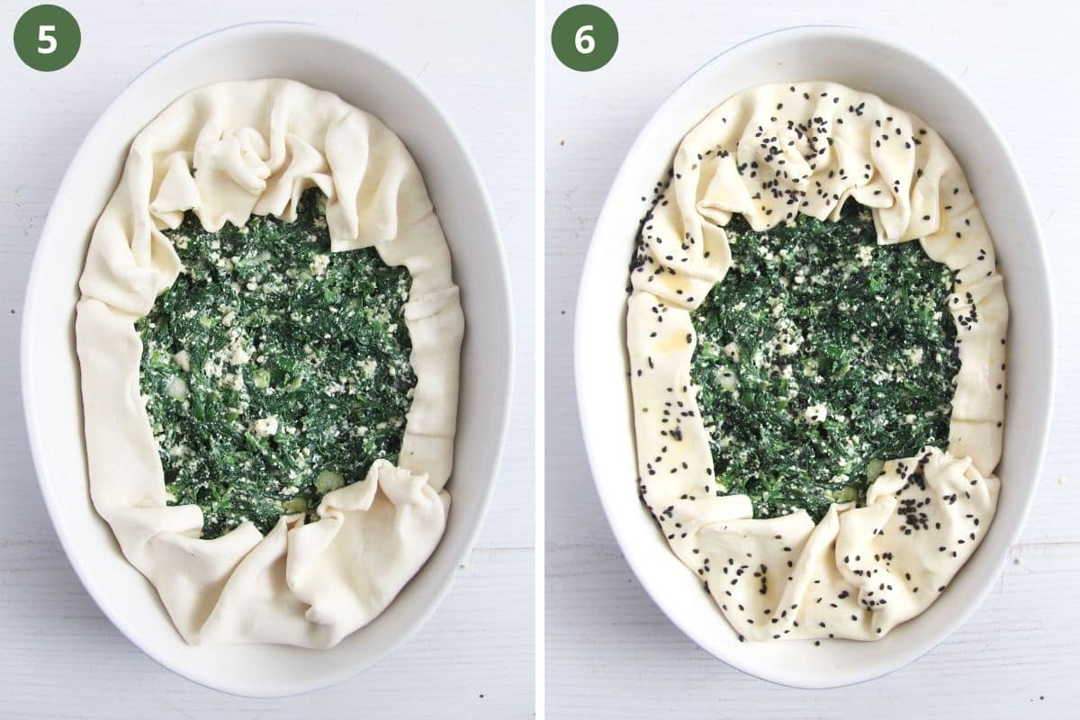 collage of two pictures of assembling puff pastry spanakopita.