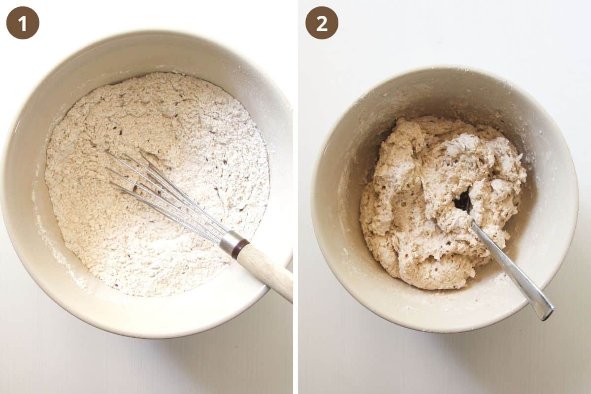 collage of two pictures of making dough for soda yogurt bread.