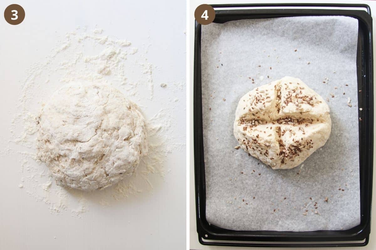 collage of two picture of bread dough before and after adding seeds.