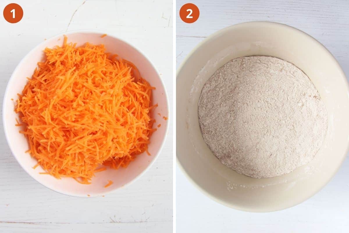 collage of two pictures of grated carrots in a bowl and another bowl with flour and sugar.