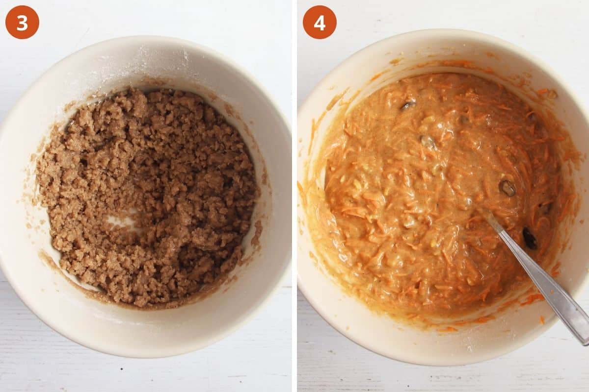 collage of two pictures of adding oil and then carrots to cake batter.