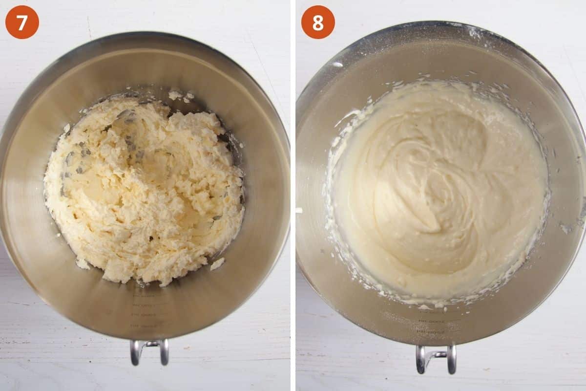 collage of two pictures of beating cream cheese and sugar and then adding icing sugar.