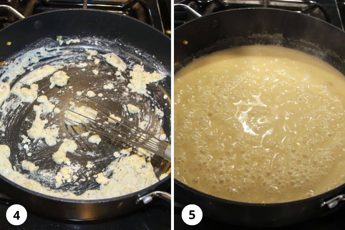 collage of two pictures of making white sauce in a pan.
