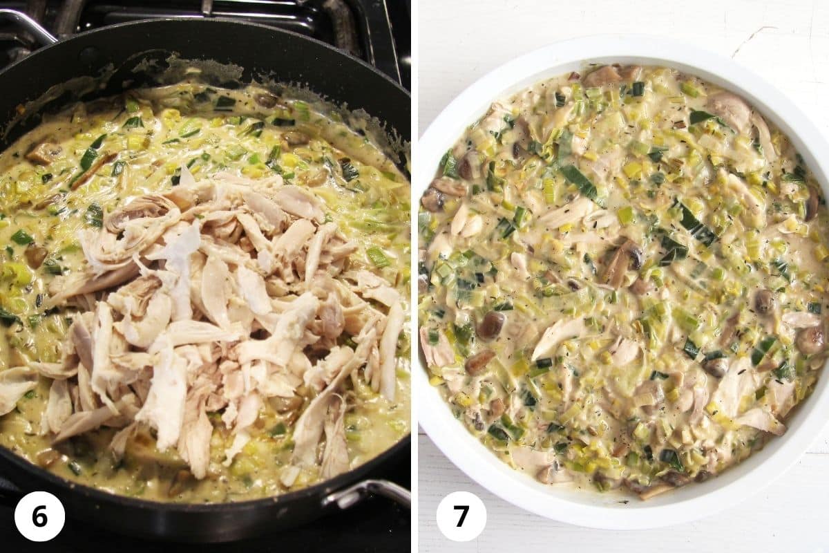 collage of two pictures of adding shredded meat to a pan and then pie fillling in a baking dish.