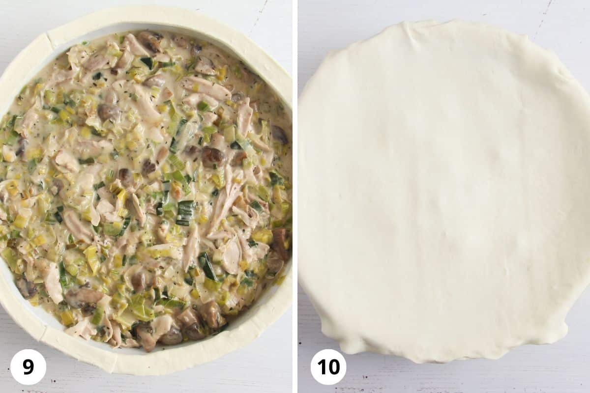 collage of two pictures of covering a pie dish with puff pastry.