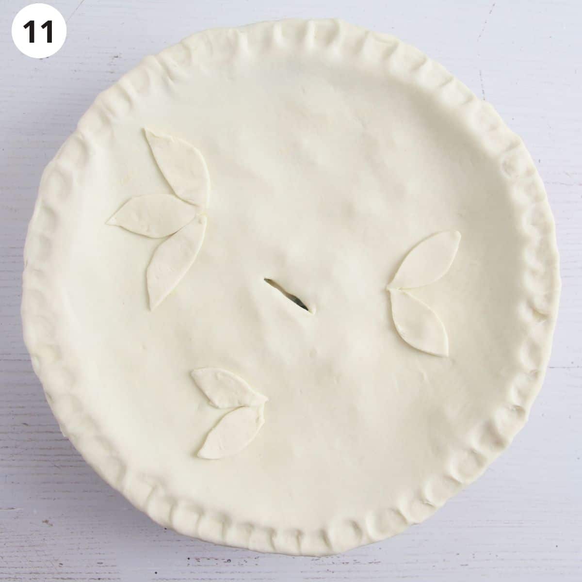overhead view of pie covered with uncooked pastry.