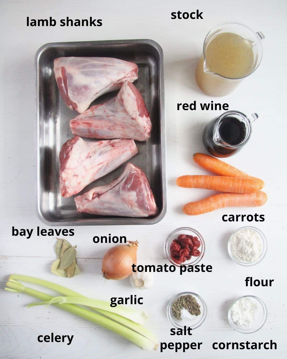 listed ingredients for cooking lamb shanks in the crockpot.