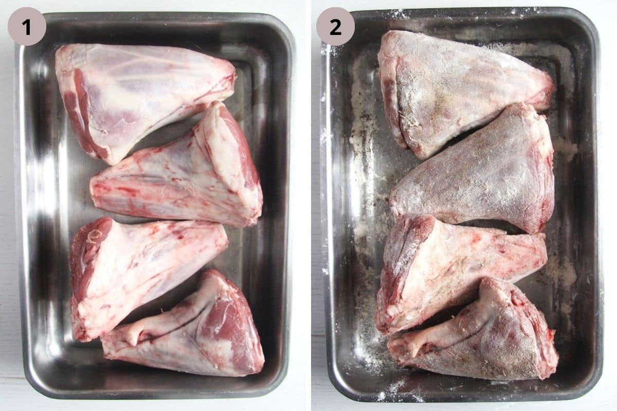 collage of two pictures of lamb hocks raw and floured.