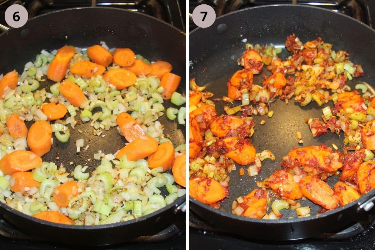 collage of two pictures of cooking onions, carrots and celery in a pan.