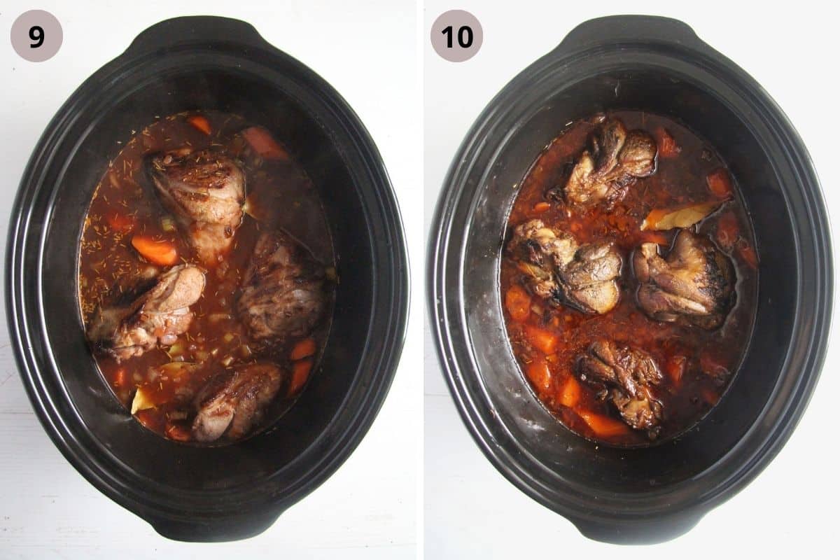 collage of two pictures of lamb shanks in a slow cooker before and after cooking.
