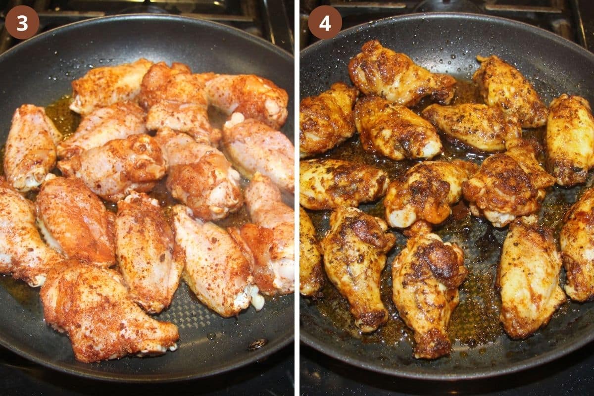 collage of two pictures of raw and then cooked wings in a pan.
