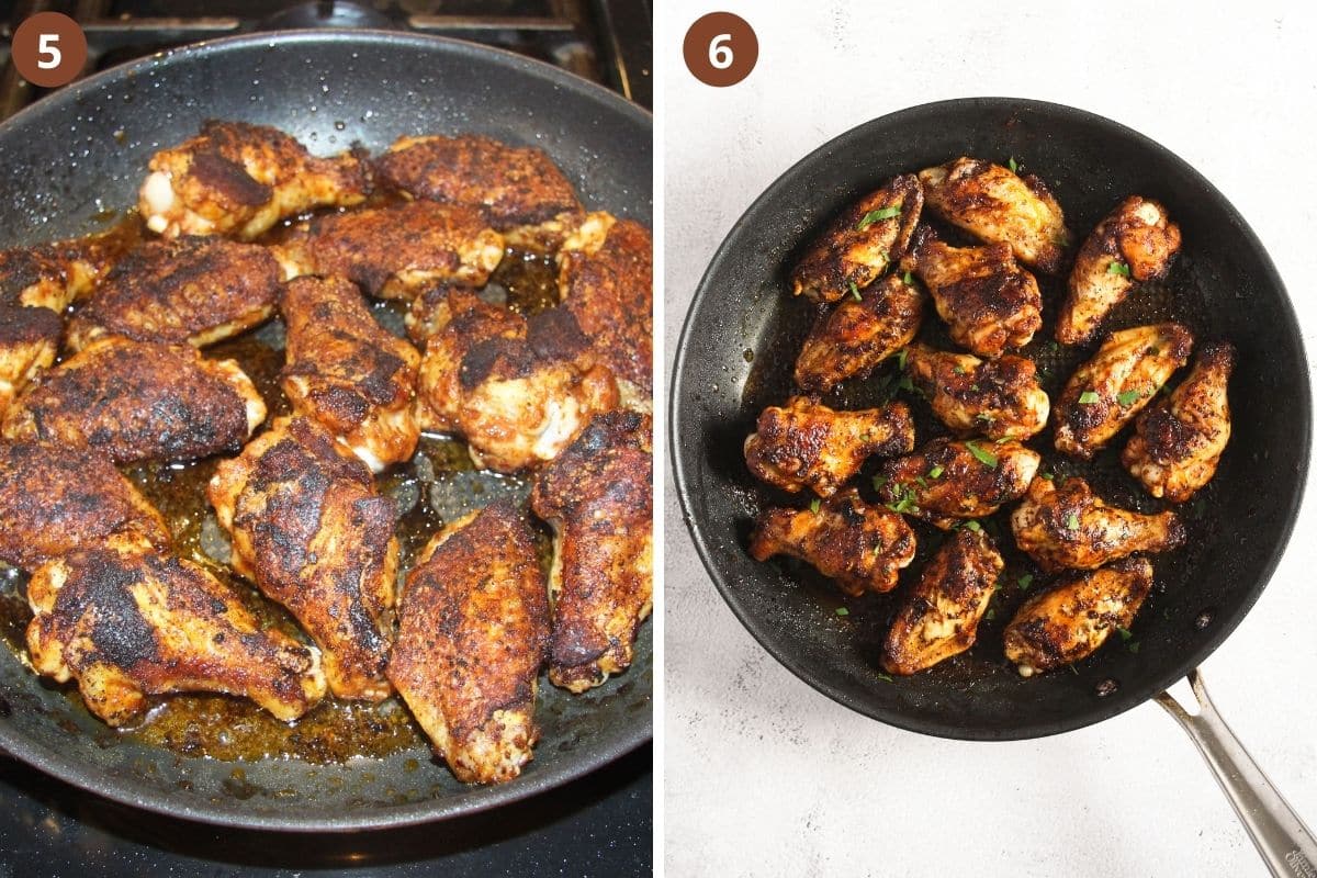 collage of two pictures of cooking chicken wings in a pan.