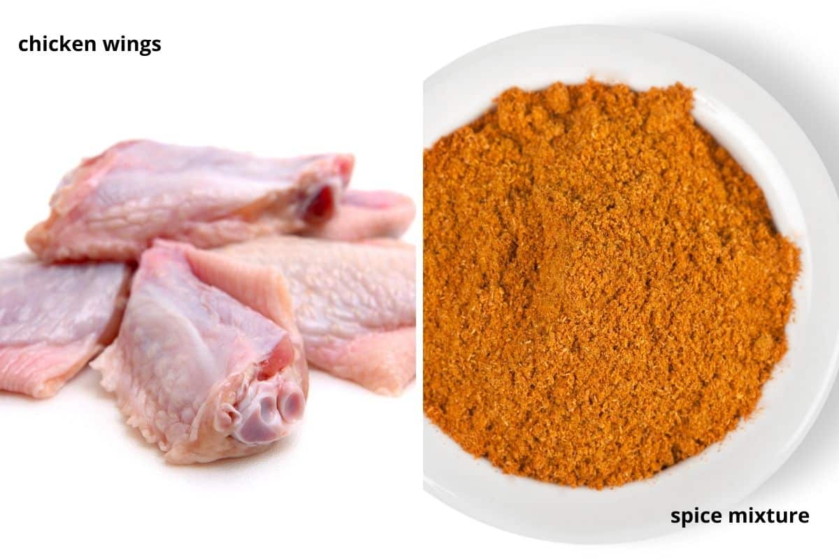 collage of two pictures of a few raw chicken wings and a bowl of spices.