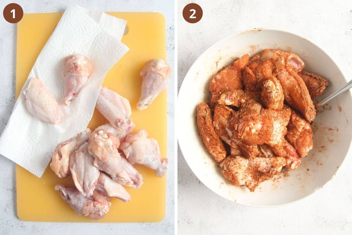 collage of two pictures of drying and seasoning chicken wings.