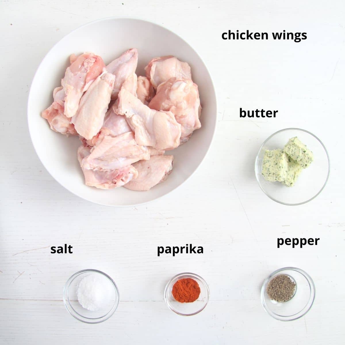 listed ingredients for making chicken wings with herb butter.
