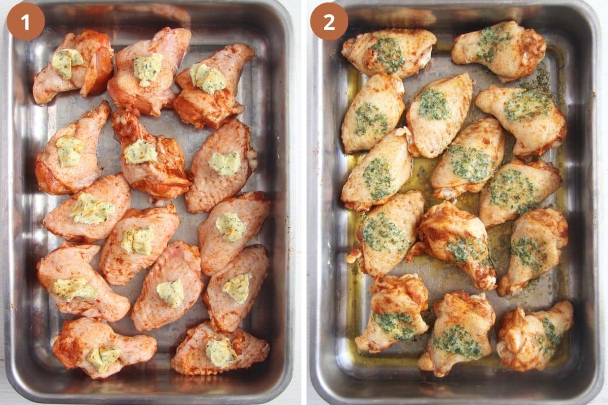 collage of two pictures of wings before and during cooking in a tin.