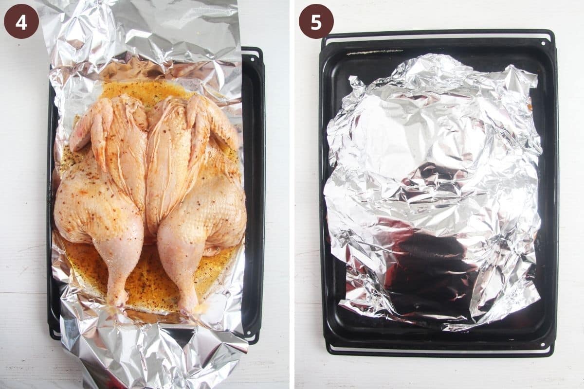 collage of two pictures of seasoned and then wrapped in foil chicken.