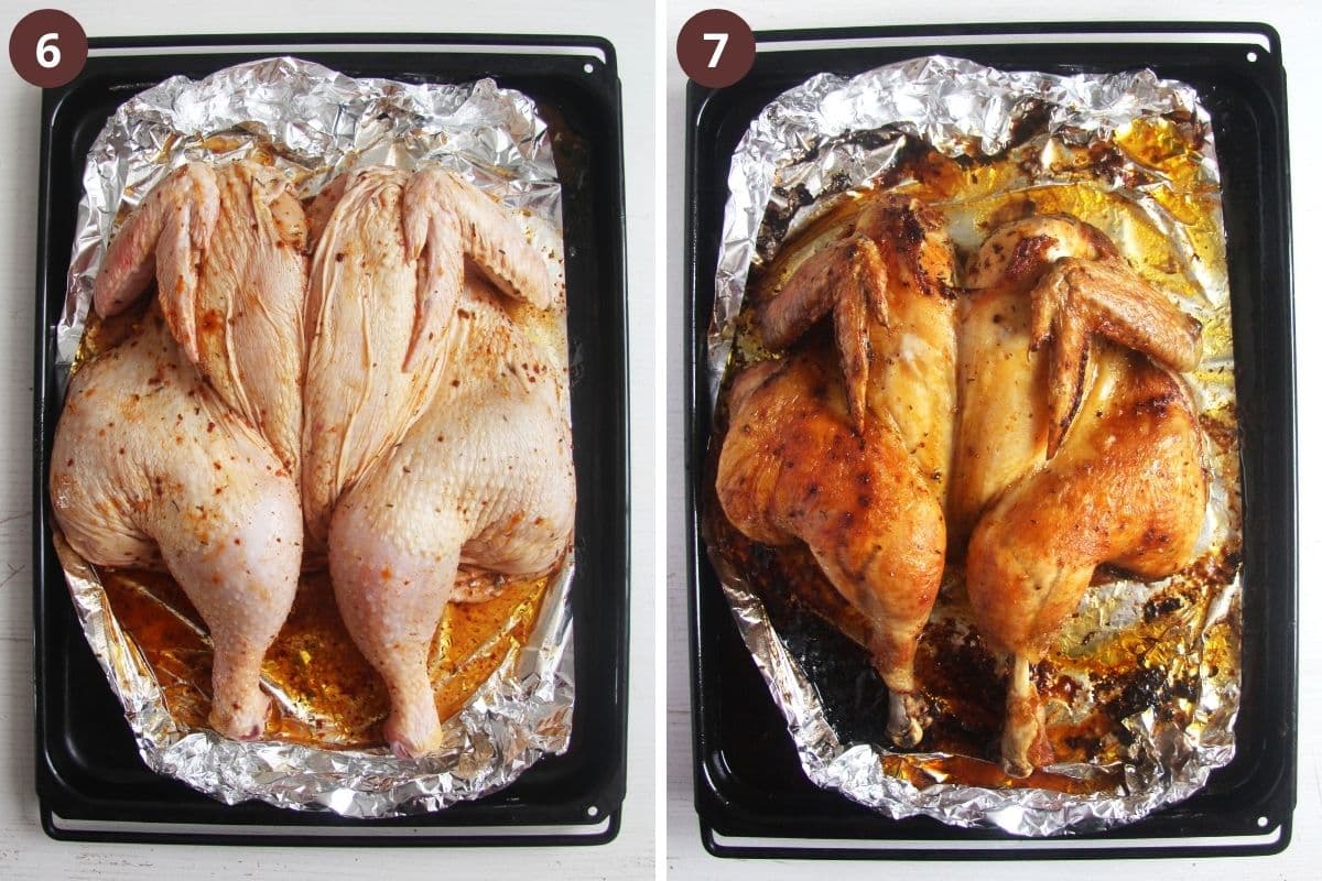 collage of two pictures of chicken before and after roasting.