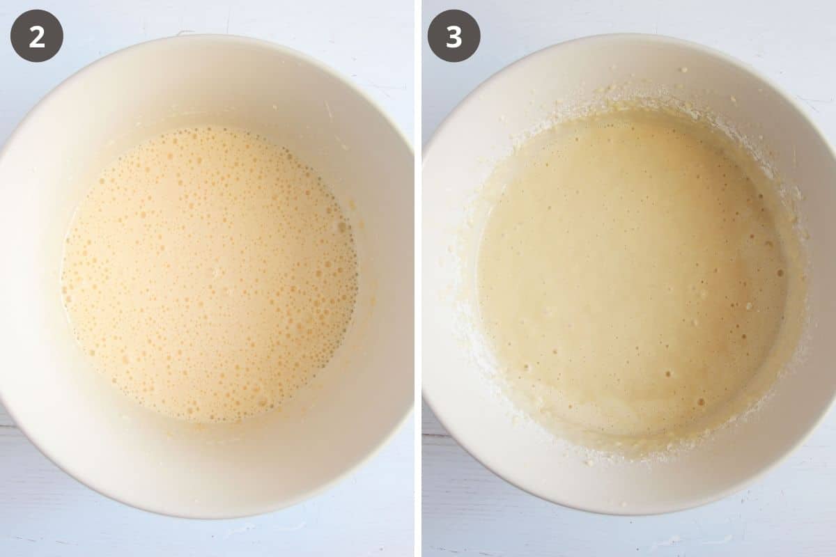 collage of two pictures of mixing cake batter.