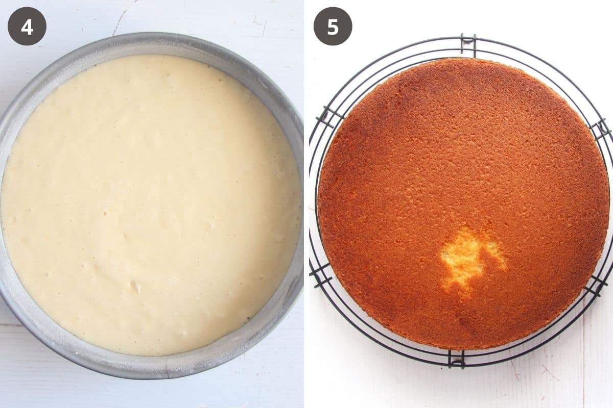 collage of two pictures of unbaked and baked cake batter.