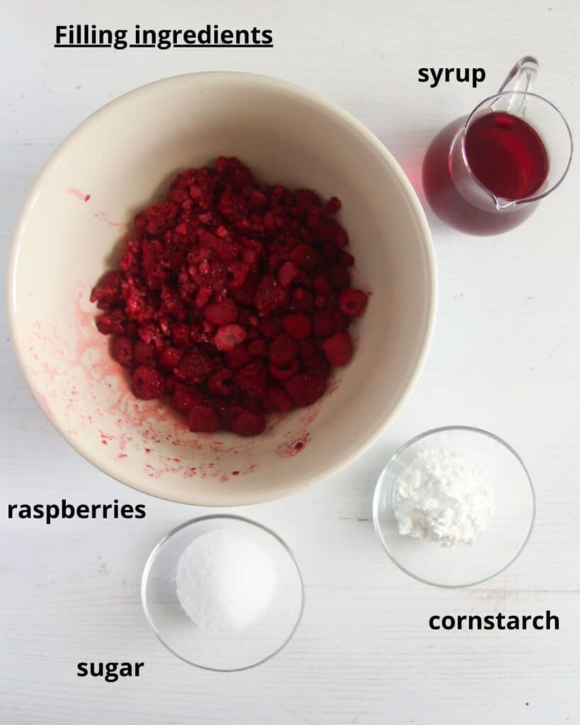 bowls with raspberries, syrup, sugar and cornstarch for making berry sauce.