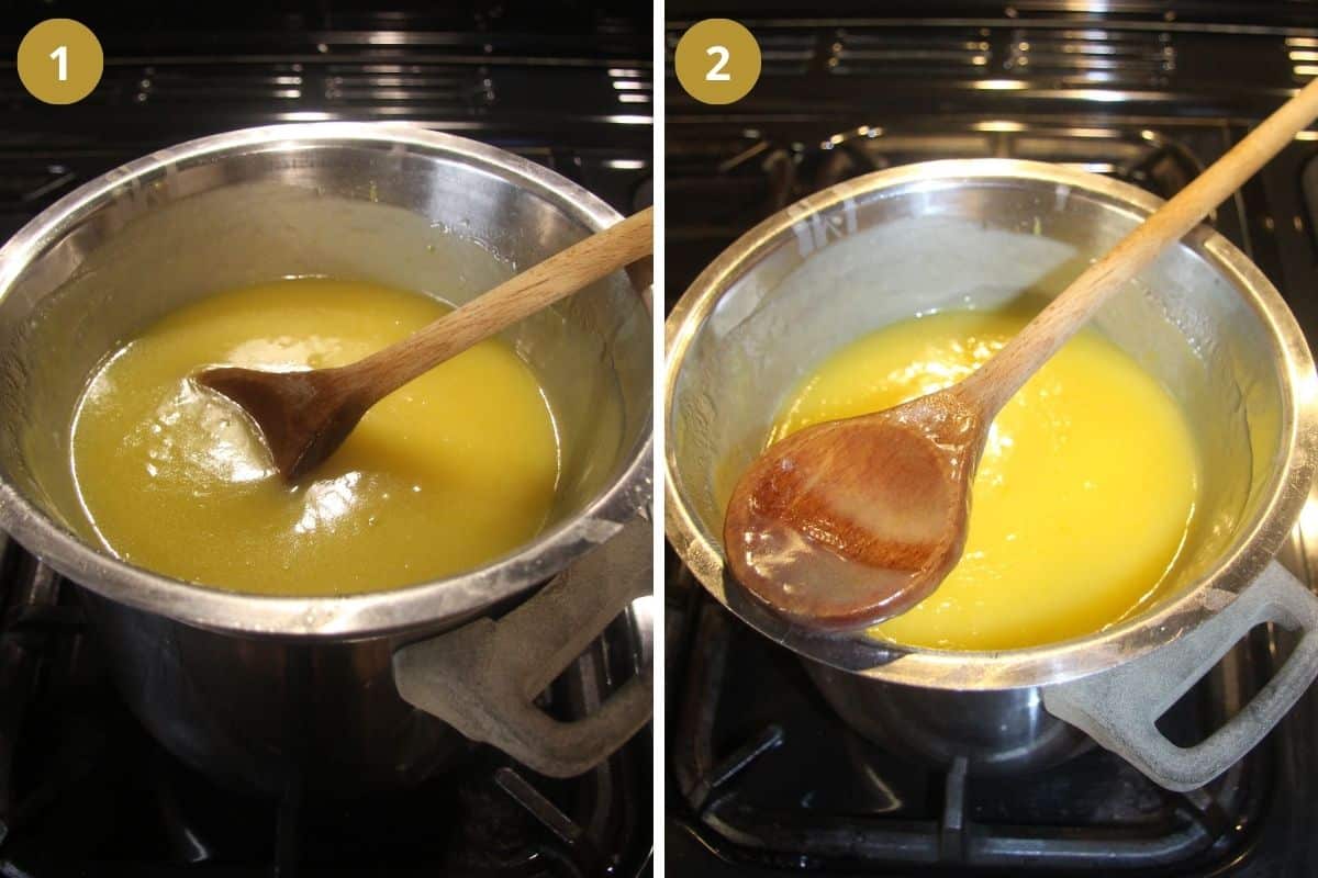 collage of two pictures of cooking lemon curd and showing how thick it is on a wooden spoon.