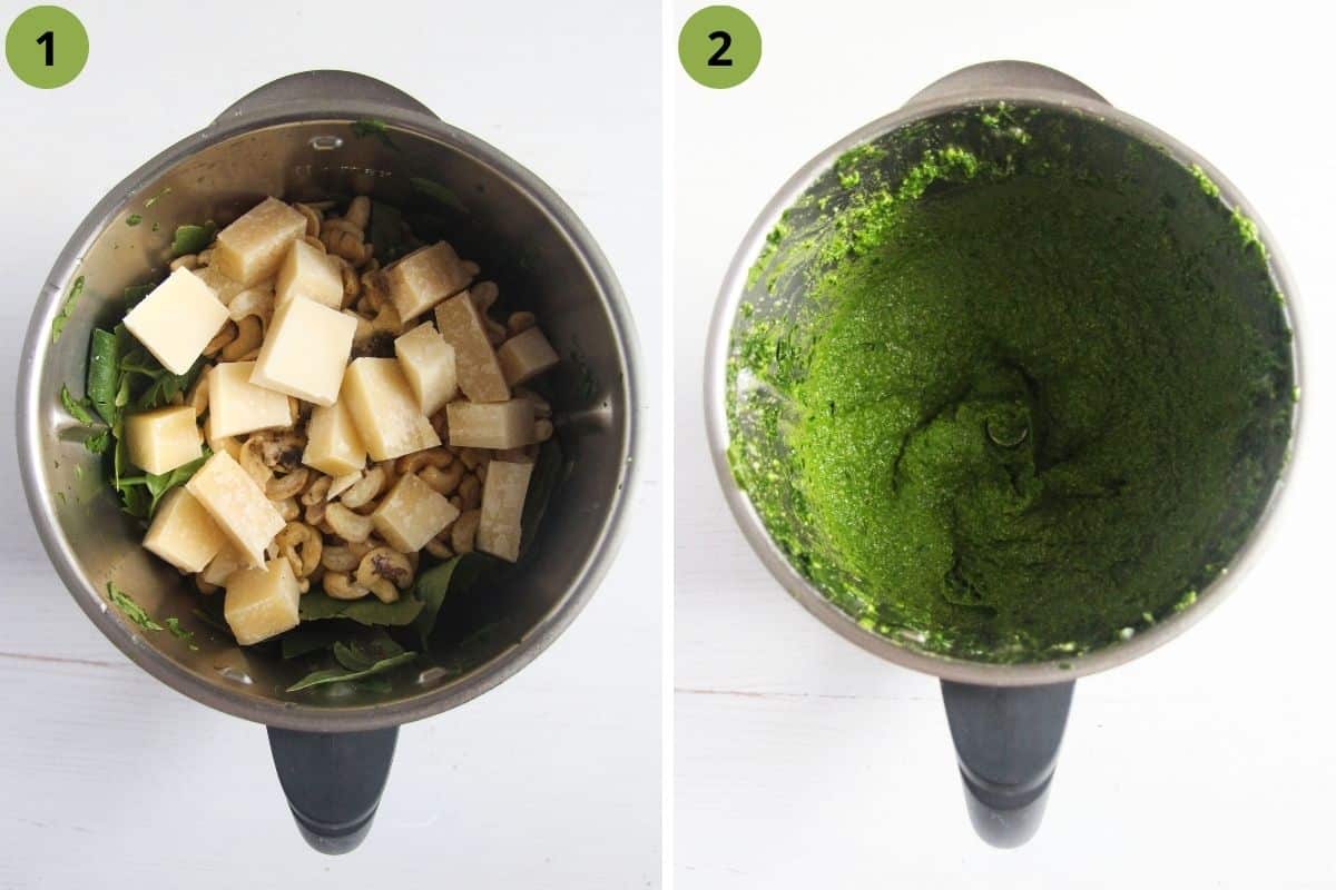 collage of two pictures of ingredients for pesto before and after processing in a food processor.