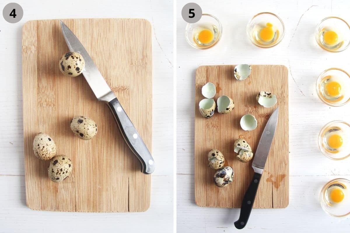 collage of two pictures of cracking quail eggs with a knife and placing them in bowls.