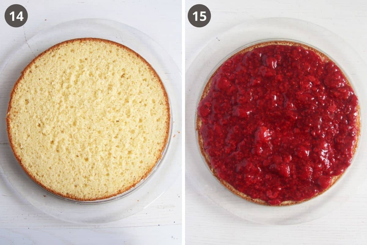 collage of two pictures of a sliced layer of cake and then topping it with berry sauce.