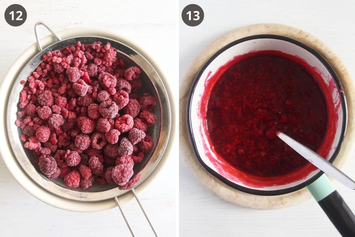 collage of two pictures of frozen raspberries in a sieve and raspberry sauce.