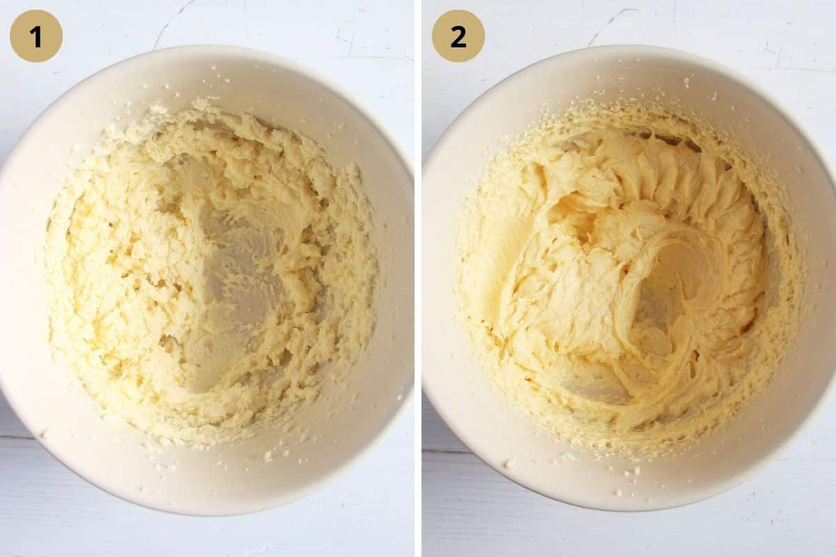 collage of two pictures of beating butter and sugar in a bowl and adding eggs.
