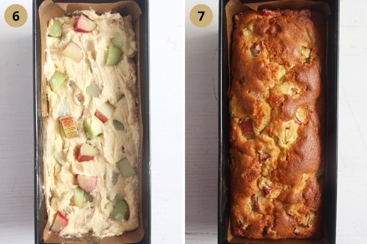 collage of two pictures of unbaked and then baked loaf cake in the baking tin.
