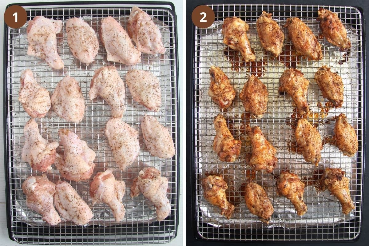 collage of two pictures of chicken wings before and after baking.