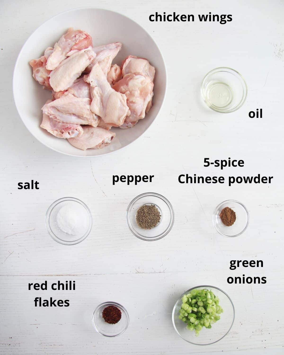 listed ingredients for making salt and pepper wings on the table.