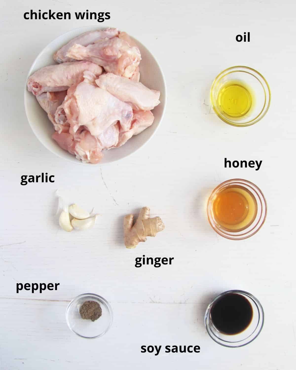 listed ingredients for soy sauce garlic honey wings.