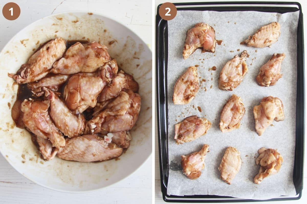 collage of two pictures of marinating wings in a bowl and placing them on a baking sheet.