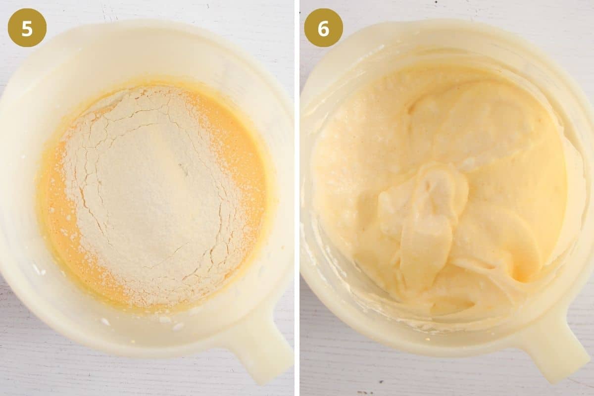 collage of two pictures of adding flour to batter and mixing.