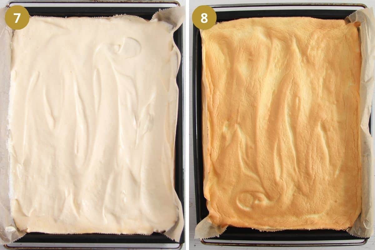 collage of two pictures of sponge cake before and after baking on a tray.