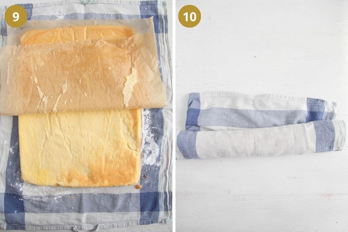 collage of two pictures of peeling paper off cake and rolling it in a towel.