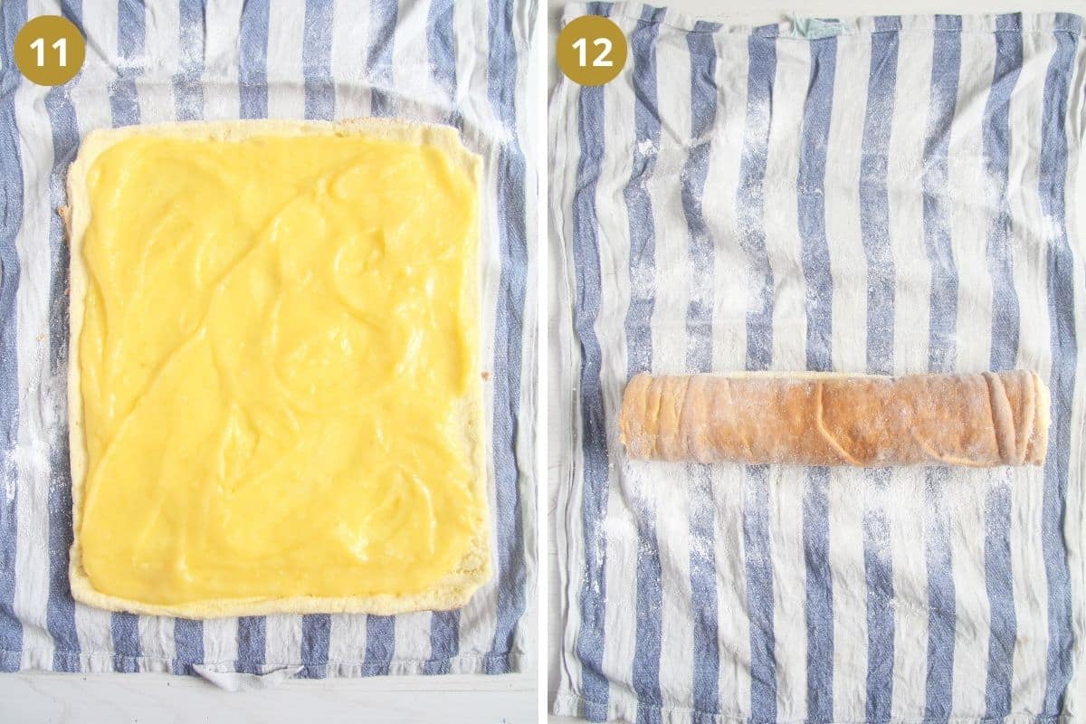 collage of two pictures of spreading lemon curd on roll and rolled cake.