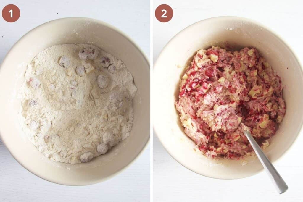 collage of two pictures of stirring batter for raspberry muffins in a bowl.
