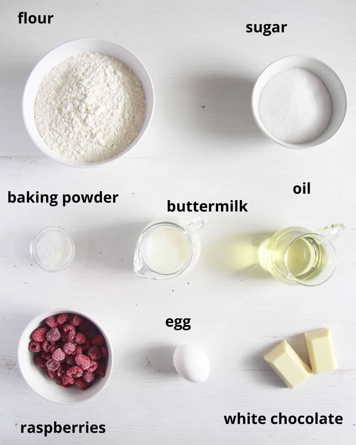 listed ingredients for making muffins with white chocolate and berries.