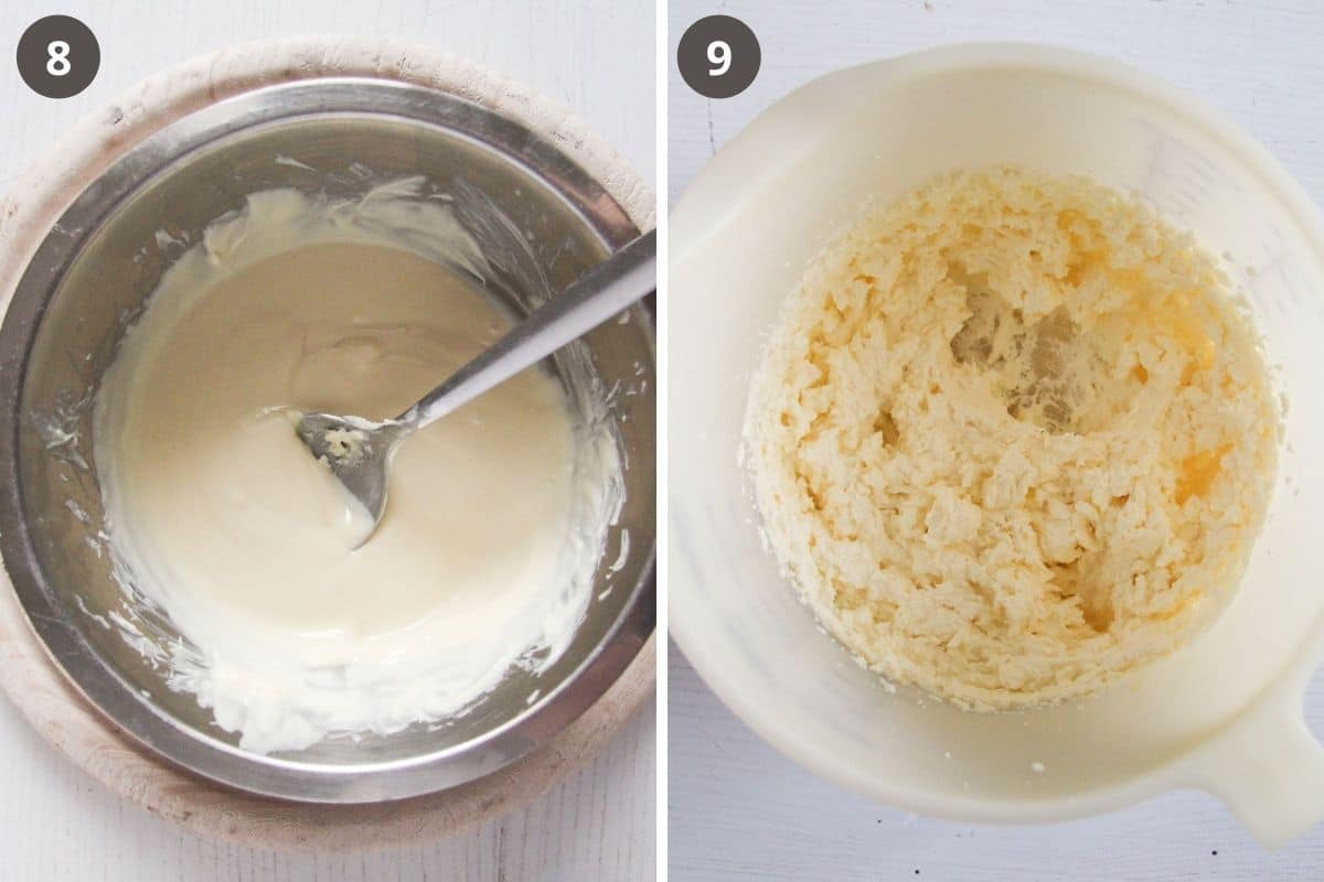 collage of two pictures of melted white chocolate in a bowl and butter and cream cheese mixture in another.